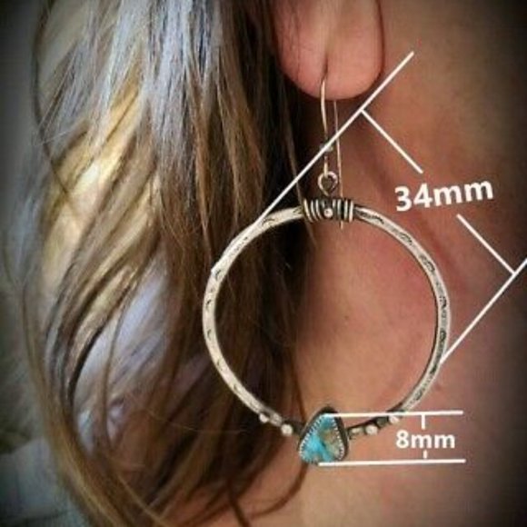 New 925 Silver Stamped Turquoise Hoops - Picture 4 of 5